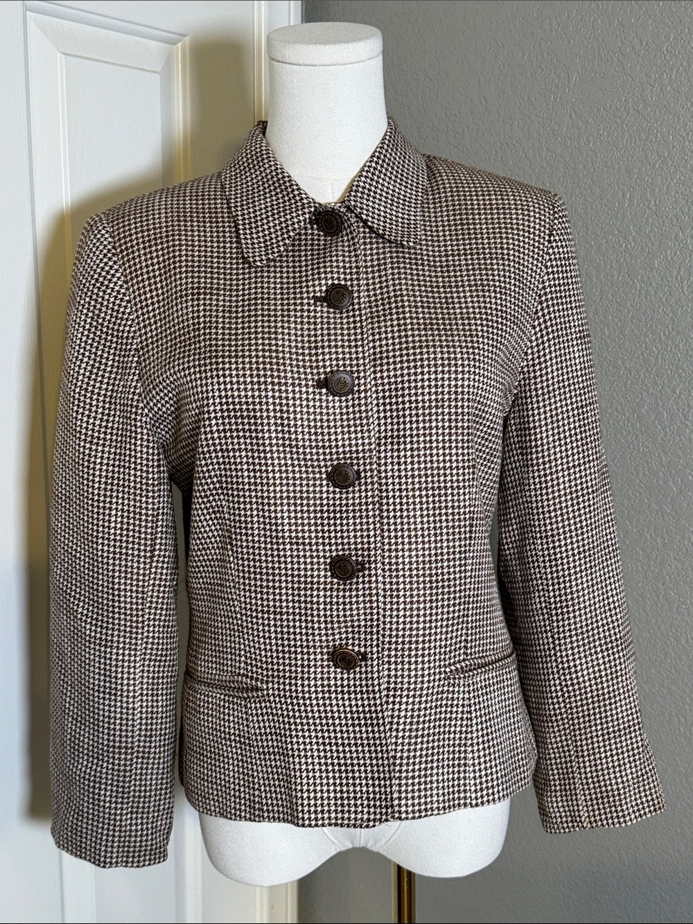 Tailored Houndstooth Button-Front Women's Blazer - Brown/White
